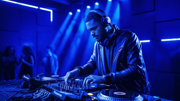 Vertical picture of a male dj working under the blue lights in a studio