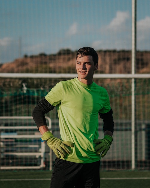 Vertical portait of a goalie.