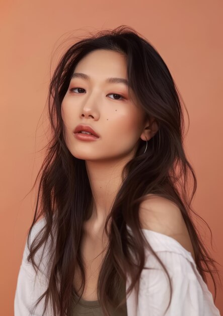 Vertical portrait of a beautiful Asian woman isolated on a peach copy space background for text