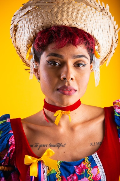 Vertical portrait brazilian woman in festa junina clothes arraial feast of saint john closeup photo