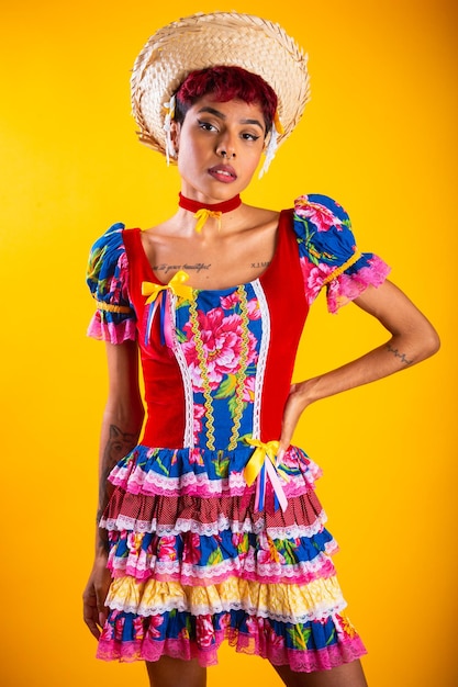 Vertical portrait Brazilian woman in festa junina clothes Arraial Feast of Saint John