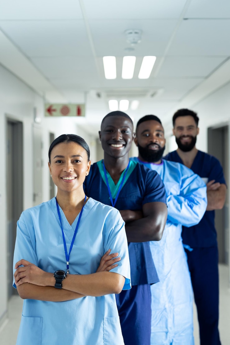 Photo vertical portrait of diverse group of smiling healthcare workers in line in corridor, copy space
