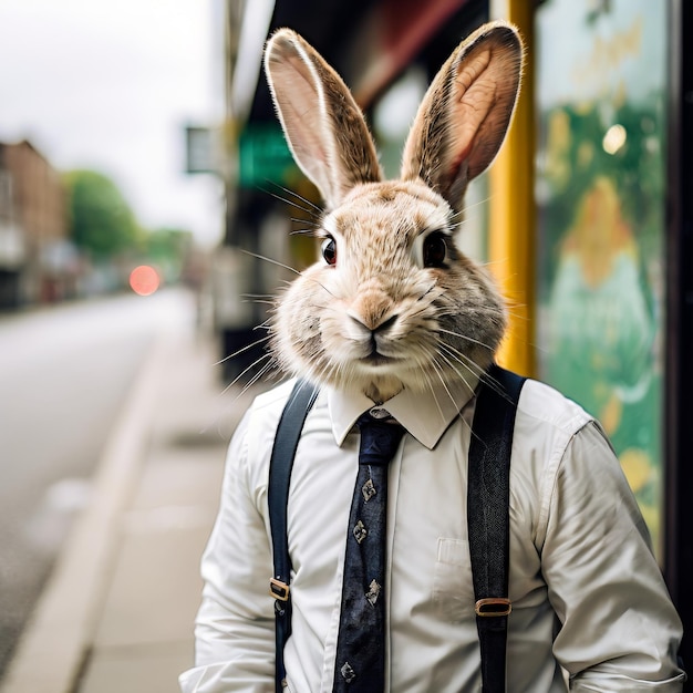 a vertical portrait of an elegant young rabbit in a white shirt and black tie with bow and a wh