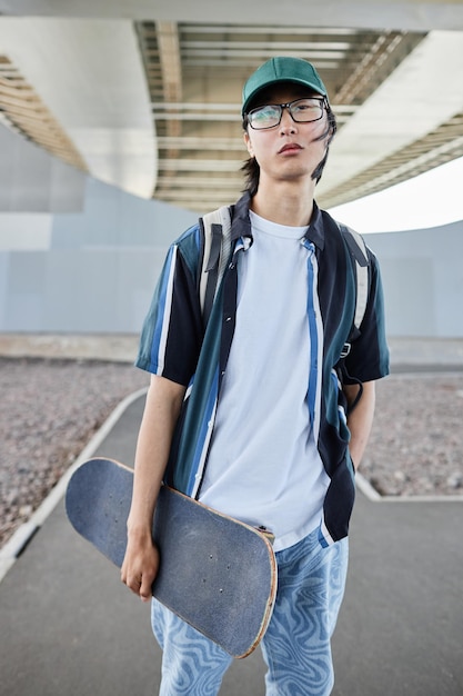 사진 도시 환경에서 야외에서 포즈를 취하는 스케이트보드를 가진 젊은 아시아 남자의 수직 초상화