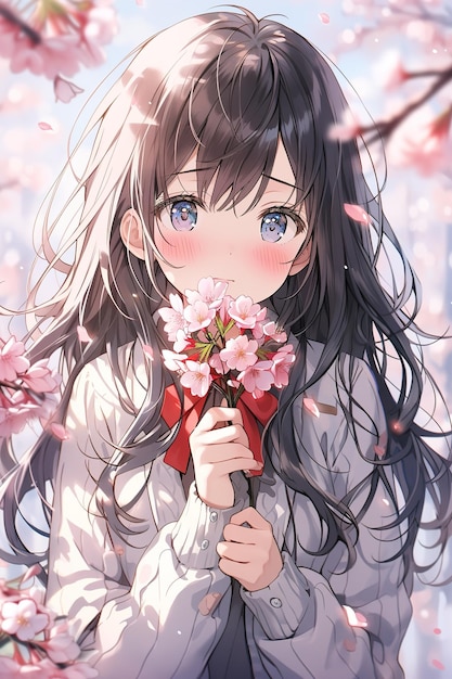 ピンクの桜の桜の花と黒いの美しいアニメの女の子の垂直の肖像画