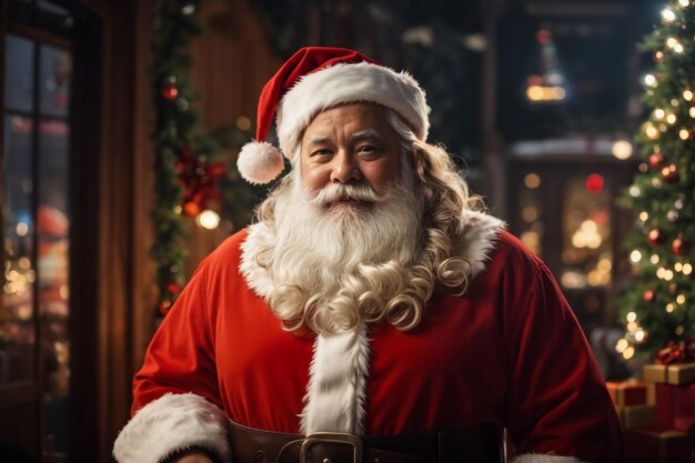 Photo vertical portrait of traditional santa claus looking at camera and smiling in festive room with chri