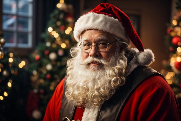 Photo vertical portrait of traditional santa claus looking at camera and smiling in festive room with chri