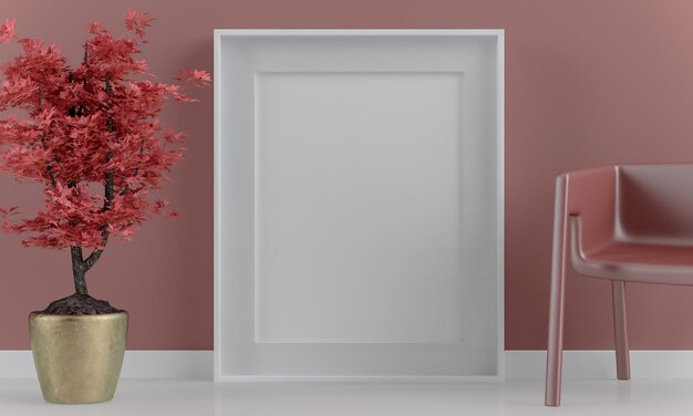 Vertical poster frame mock up on red japanese background 3d rendering