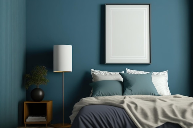 Vertical poster frame mockup on blue bedroom wall