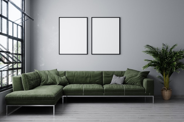 Vertical poster frames in the living room with sofa and panoramic windows