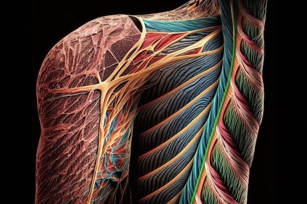 Vertical section of human body muscle fibers of arm created with generative ai