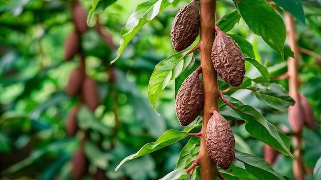 Vertical selective focus shot of theobroma cacao growing on a tree getting ready to become chocolat