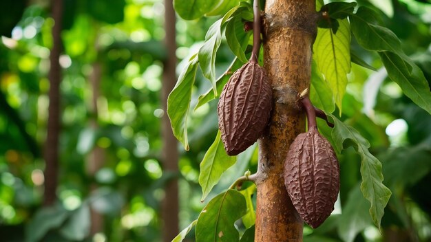 Photo vertical selective focus shot of theobroma cacao growing on a tree getting ready to become chocolat