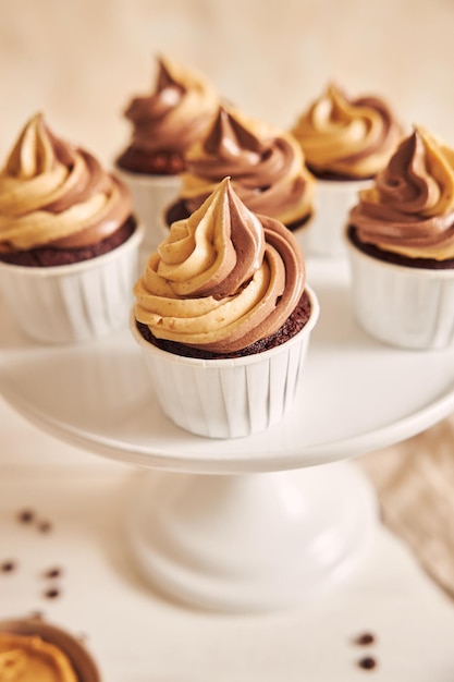 Vertical shallow focus closeup shot of delicious peanut butter cupcakes with creamy icing in a plate