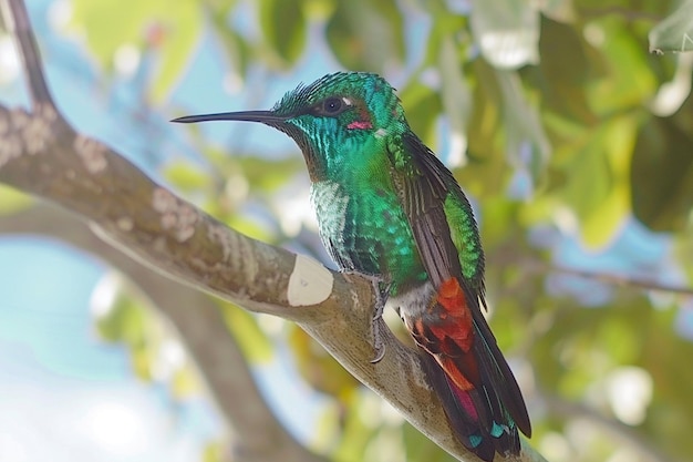 Vertical shallow focus shot of green crowned brilliant hummingbird perched on a slim branch