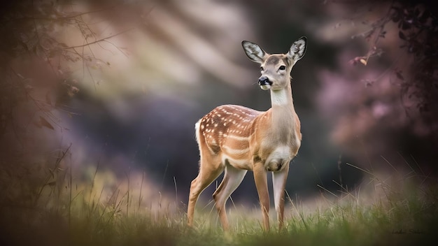 Vertical shot of a beautiful deer standing in the forest with blurred background