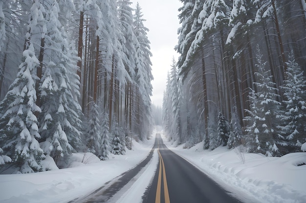 Vertical shot of a beautiful empty road surrounded with snowy forest