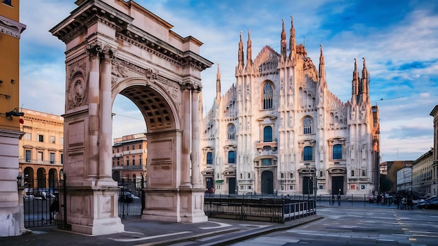 Vertical shot of a beautiful view of duomo di milano and an antique arch in milan italy