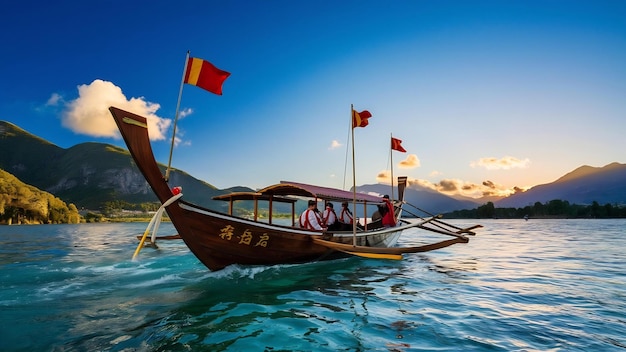 Vertical shot of a boat with a beautiful landscape