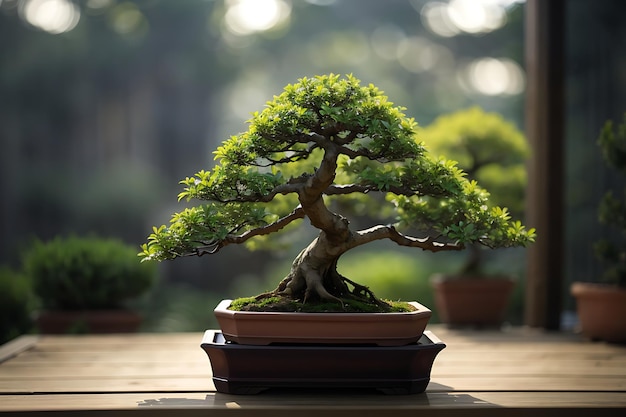 Vertical shot of a bonsai plant on a blurred background