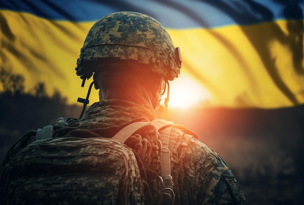 Vertical shot of brave Ukrainian soldier at war Ukrainian soldier with flag remember the war