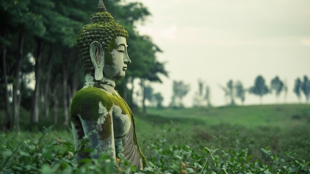 Vertical shot of a buddha statue with moss on top and greenery on the distance