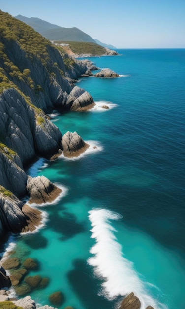 A vertical shot capturing the sea surrounded by a rocky shore on a bright and sunny day