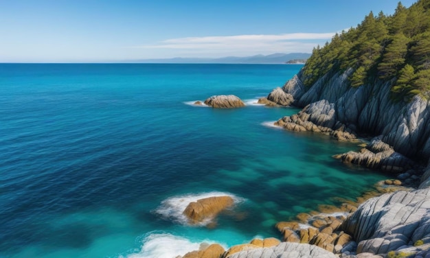 A vertical shot capturing the sea surrounded by a rocky shore on a bright and sunny day