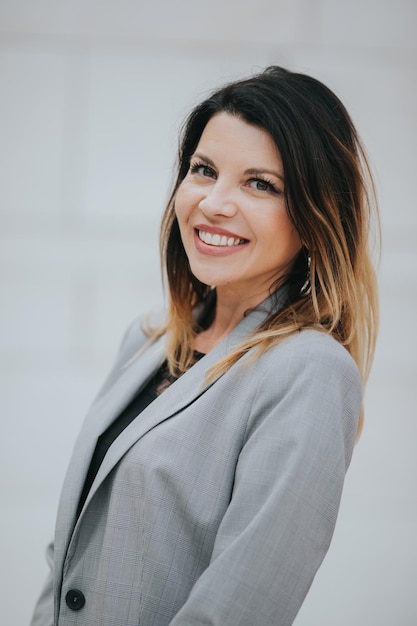 Vertical shot of a Caucasian businesswoman with elegant clothes on a blurred background