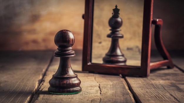 Vertical shot of a chess pawn on a wooden table and a mirror reflecting it as a chess queen