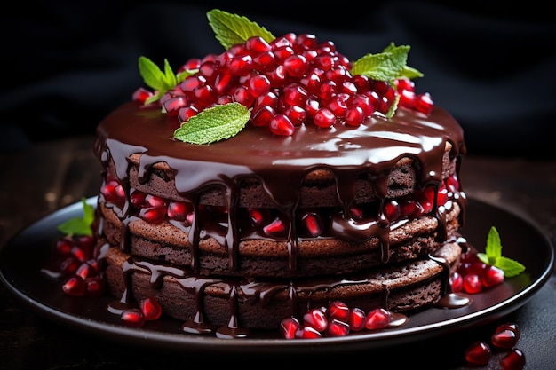 Vertical shot of a chocolate cake with fresh berries and pomegranate seeds on it