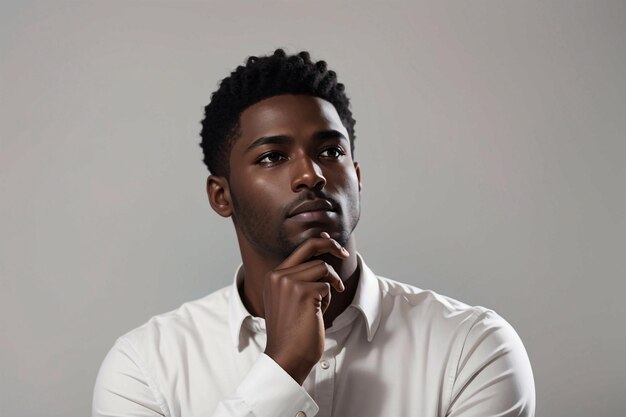 Photo vertical shot of contemplative thoughtful dark skinned thinking