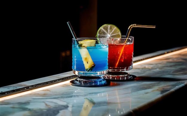 A vertical shot of a couple of cool cocktails on a bar