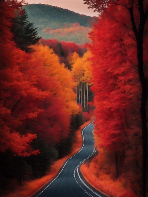vertical shot of a curvy road in a forest surrounded by colorful trees in fall season autumn season