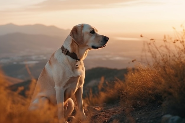 Vertical shot of a cute labrador dog sitting on a mountain during sunset
