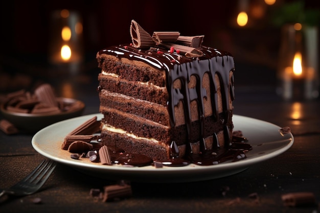 Vertical shot of a delicious chocolate cake on a plate next to some pieces of chocolate