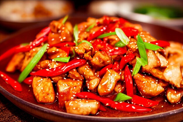 Vertical shot of delicious kung pao chicken 3d illustrated