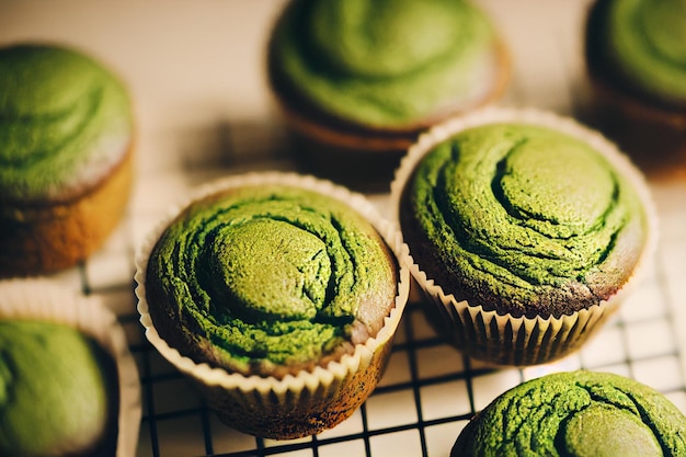 Vertical shot of delicious Matcha muffins 3d illustrated