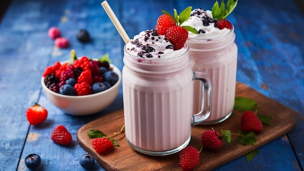 Вертикальный снимок вкусного молочного коктейля с разными ягодами в миске рядом с ним