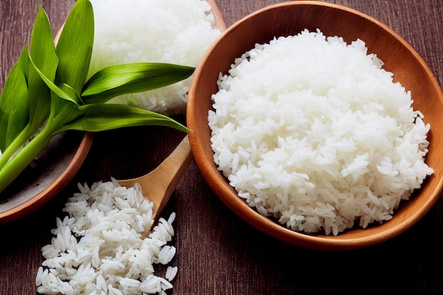 Vertical shot of delicious rice in wooden bowl 3d illustrated