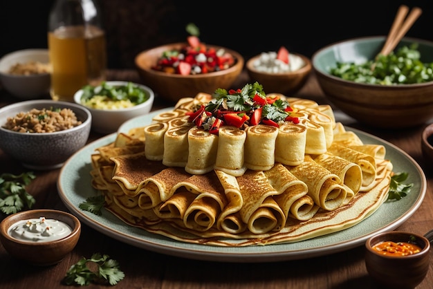 vertical shot of delicious vegan tofu pancakes with colorful fruits