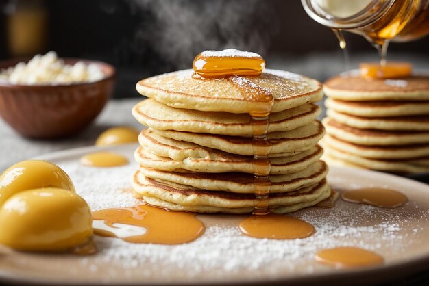 vertical shot of delicious vegan tofu pancakes with colorful fruits