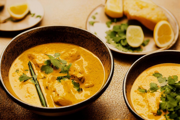 Vertical shot of delicious yellow curry chicken 3d illustrated