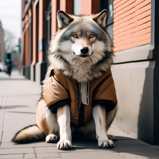 a vertical shot of a dog wearing a white jacket and black collara vertical shot of a dog wearin