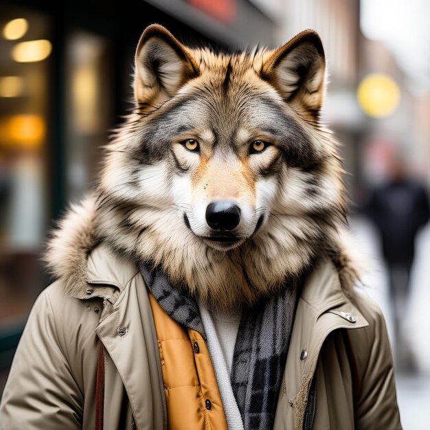 a vertical shot of a dog with a fur on the streets vertical shot of a dog with a fur on the str