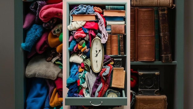 Vertical shot of a drawer with several clothes on it together with books and a clock