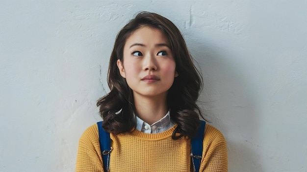 Vertical shot of dreamy thoughtful young asian woman with dark hair focused above considers somethi