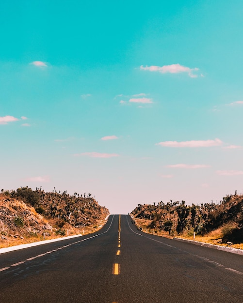 Vertical shot of empty road under blue sky and white clouds