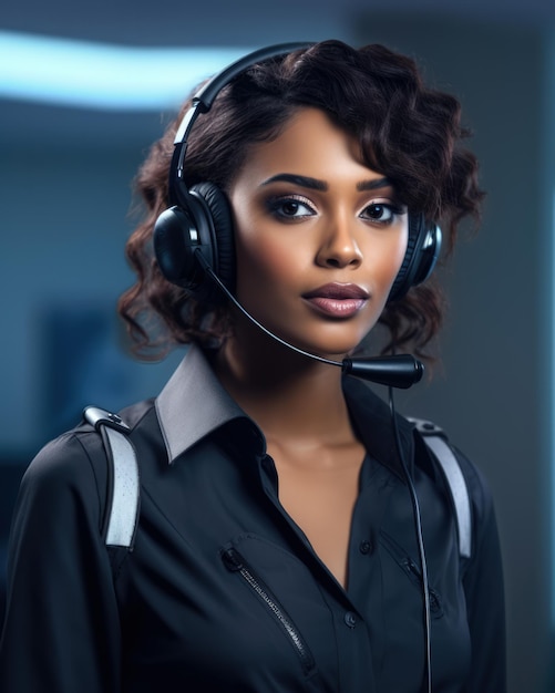 Vertical shot of a female African American customer support agent working at a call center