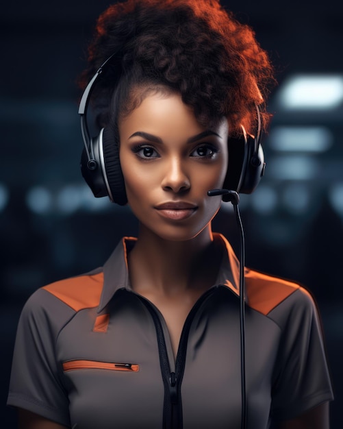 Vertical shot of a female African American customer support agent working at a call center